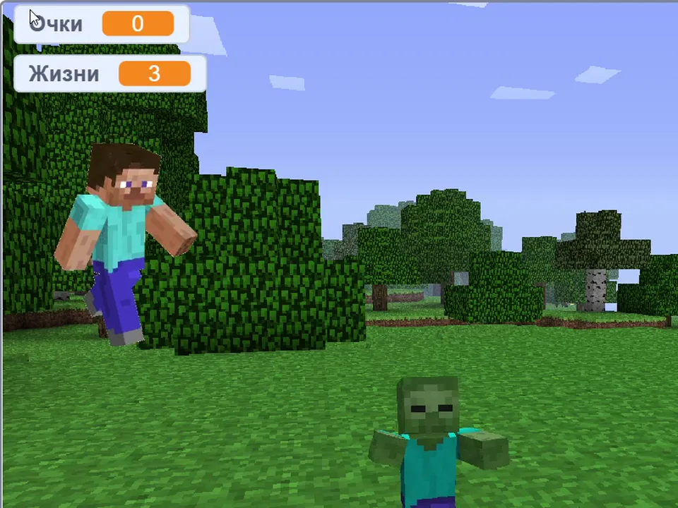 Боевая игра в стиле Minecraft с очками и жизнями в Scratch