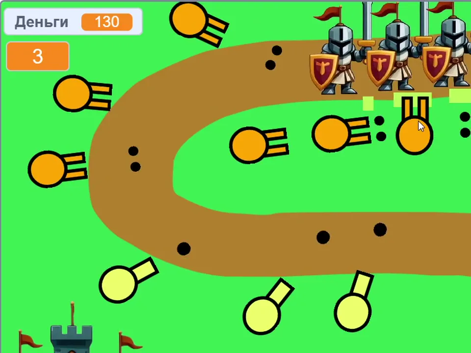 Поздний этап tower defense с несколькими типами башен и развитой экономикой