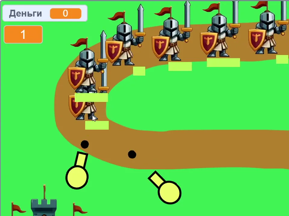 Игра tower defense с маршрутом, противниками и защитой замка